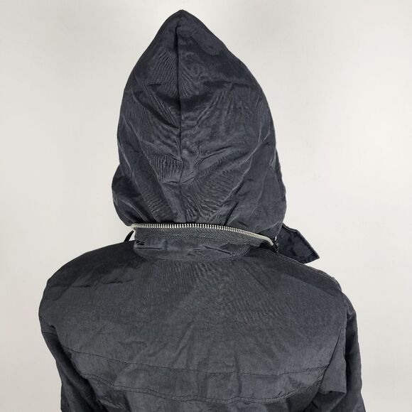 Black Hooded Trench Coat Lightweight Zip up Jacket Windbreaker Roll-tab Sleeve - Picture 13 of 16